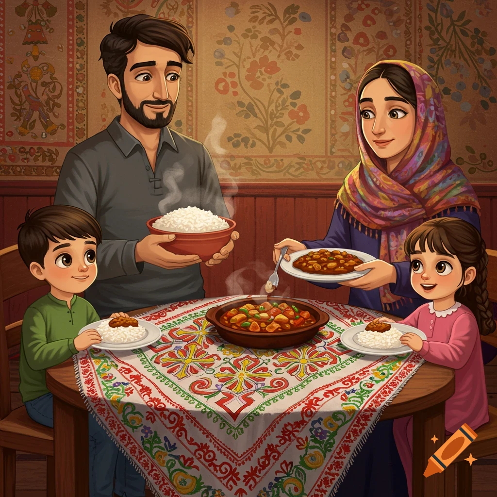 An illustrated Iranian family shares a meal at a table with a colorful patterned tablecloth, with father holding rice and mother serving stew.