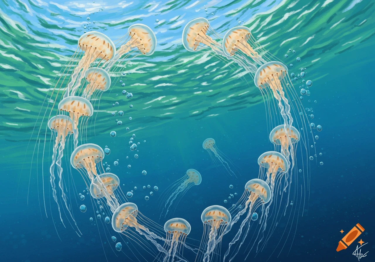 An illustrative drawing of a circle of translucent jellyfish swimming up towards the shimmering water surface, viewed from below.