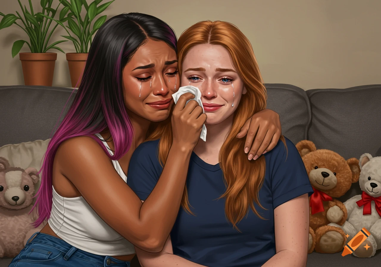 Two women on a couch, one with pink-highlighted hair comforts a crying woman with red hair, wiping her tears. Photorealistic style, with plants and teddy bears in background.