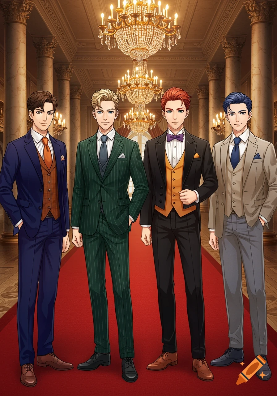 Four anime-style young men in various suits stand on a red carpet in a grand ballroom with chandeliers.