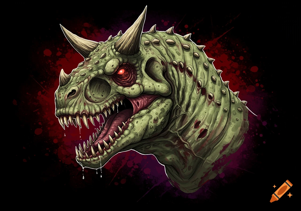 Close-up illustration of a grotesque, green Carnotaurus head with a red eye, sharp teeth, and dripping saliva, in the detailed Pushead art style.
