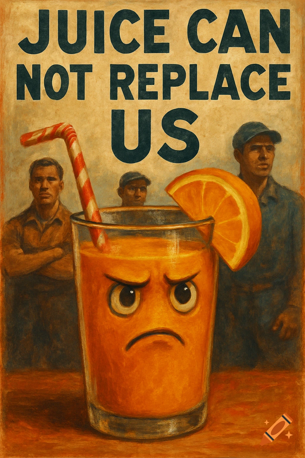 A vintage-style propaganda poster features an angry glass of orange juice in front of serious men, with text 'JUICE CAN NOT REPLACE US'.