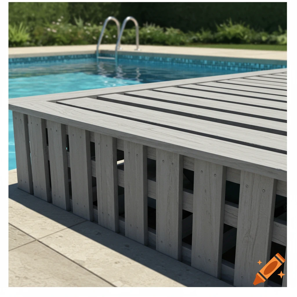 Photorealistic image of a light grey slatted pool equipment housing next to a blue swimming pool.
