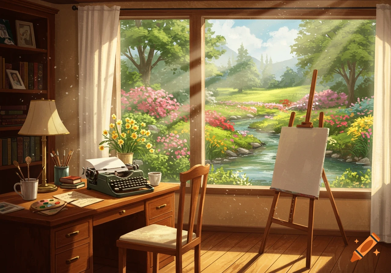 A cozy room with a vintage typewriter, a lamp, and an easel, looking out onto a vibrant garden with a flowing stream under a bright sky.