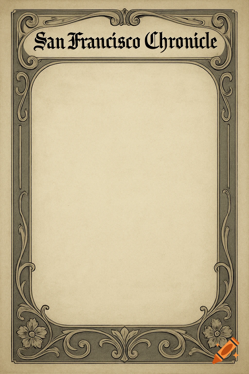 A vintage-style ornamental border in sepia tones, with the text 'San Francisco Chronicle' at the top.