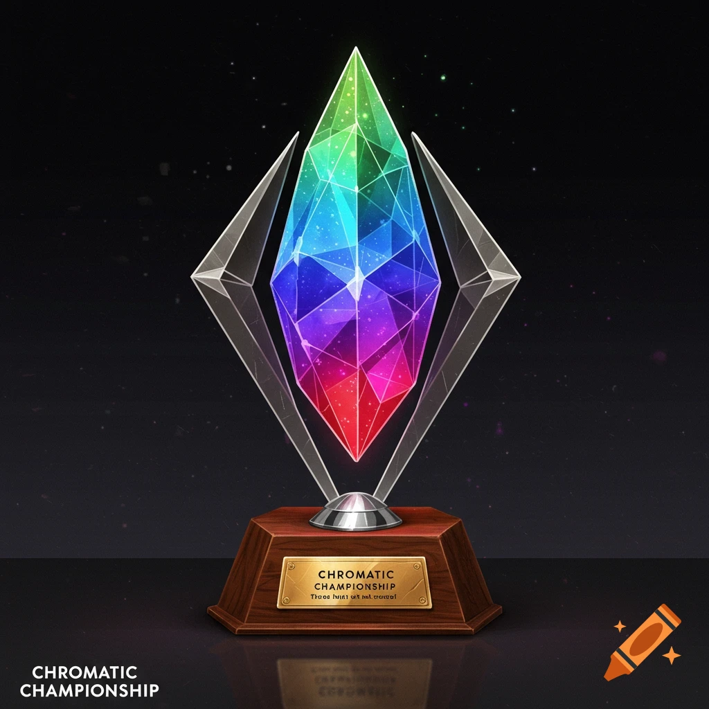 A vibrant, faceted rainbow crystal trophy stands on a wooden base with a gold plaque, against a dark, starry background.
