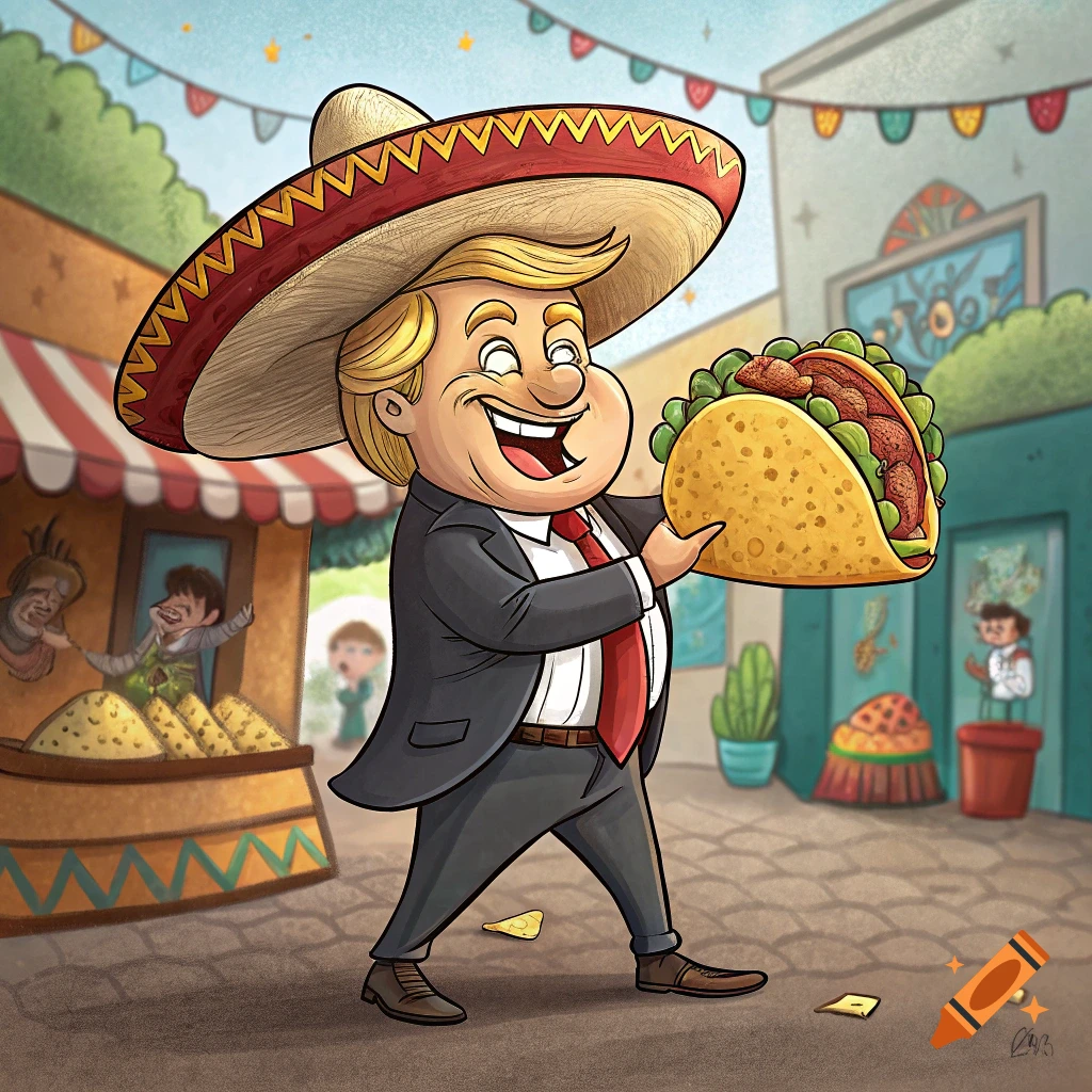 Cartoon illustration of Donald Trump in a sombrero, happily holding a large taco in a lively outdoor market setting.