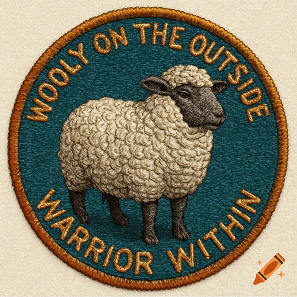 An embroidered patch featuring a fluffy sheep, with the words 'WOOLY ON THE OUTSIDE WARRIOR WITHIN' stitched around it.