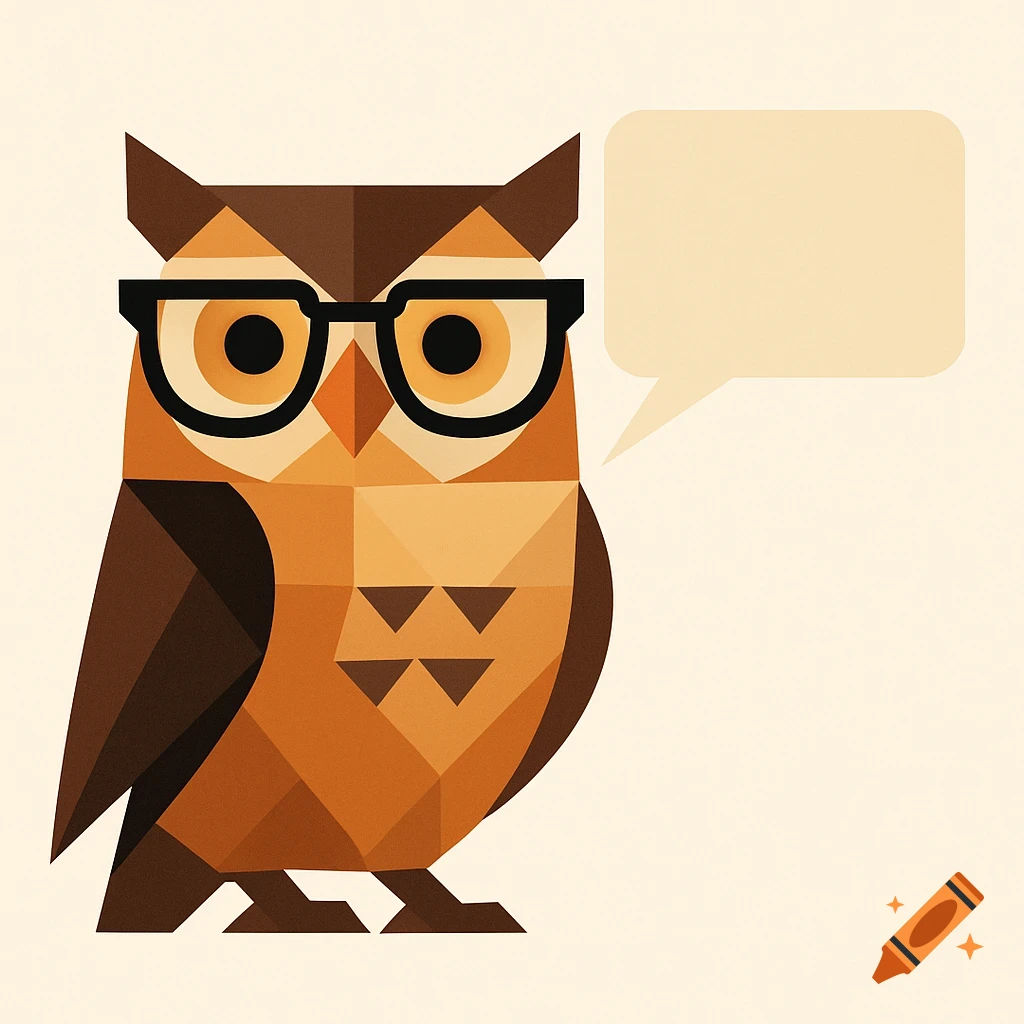 A brown and orange geometric vector illustration of an owl wearing black glasses, with an empty speech bubble next to it.