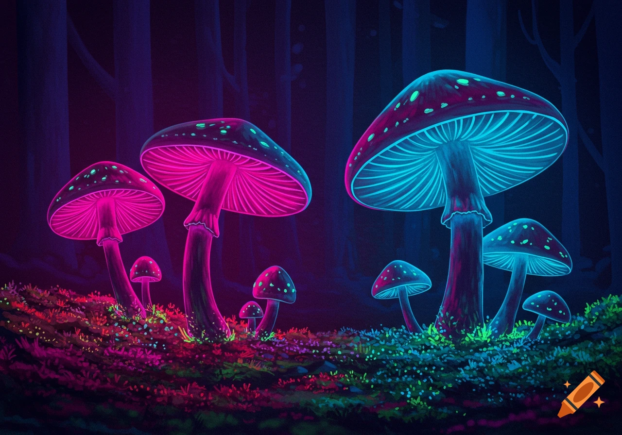 Vibrant neon pink and blue glowing mushrooms in a dark, otherworldly forest scene.