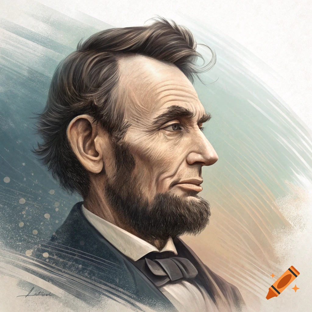 Stylized illustration of Abraham Lincoln in profile, looking right, with a painterly background.