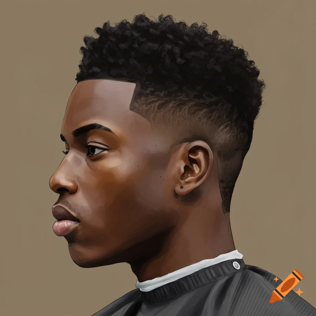 Profile of a young Black man with a low taper fade haircut, wearing a barber's cape, in a digital painting style.