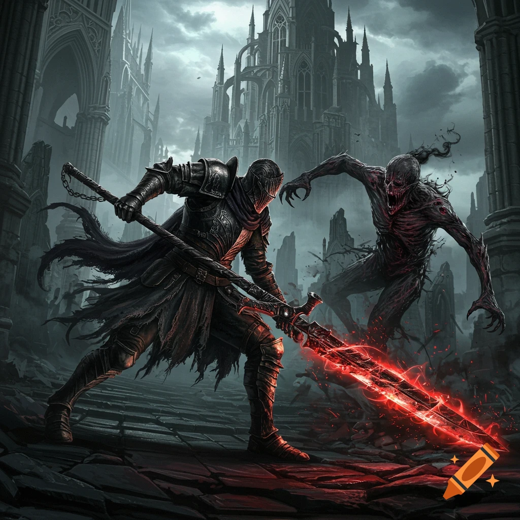 Dark fantasy illustration of a knight fighting a monstrous creature with a glowing red sword in a ruined gothic city.