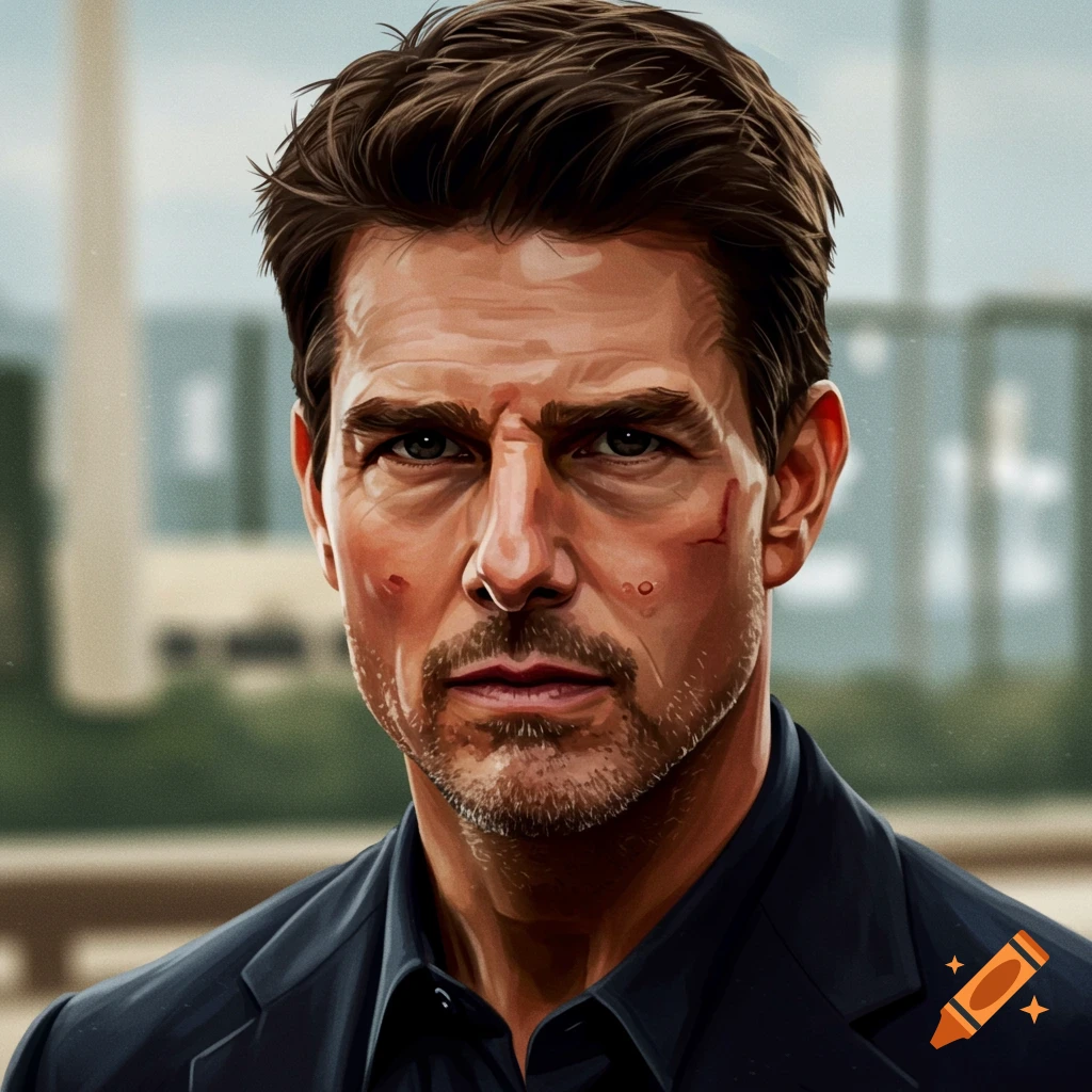 Close-up portrait of Tom Cruise with a beard and facial cuts, looking intently.