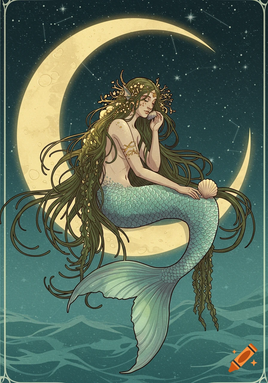 Art nouveau illustration of a mermaid with long green hair sitting on a crescent moon against a starry night sky.