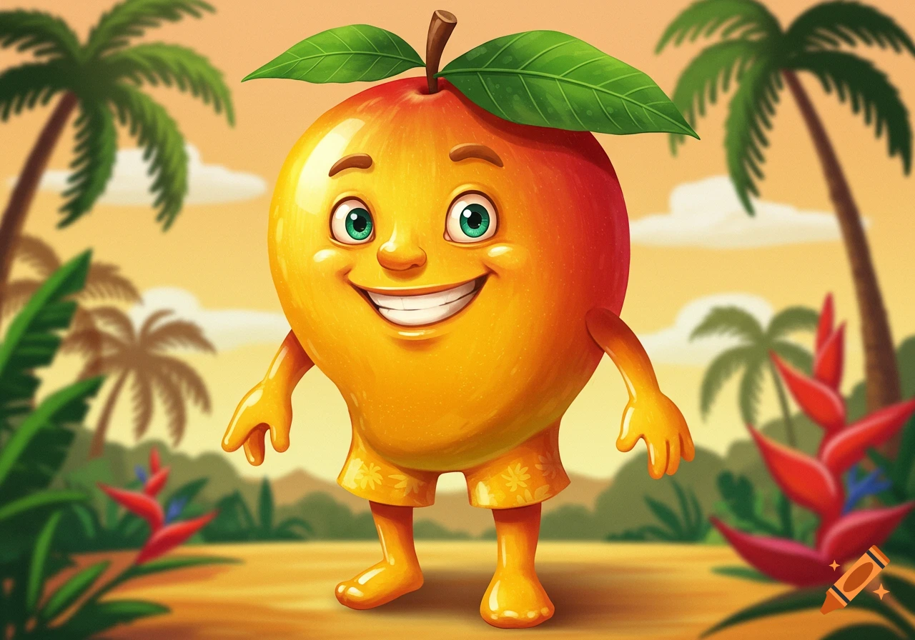 A cheerful cartoon mango character in shorts, standing in a tropical setting with palm trees and flowers.