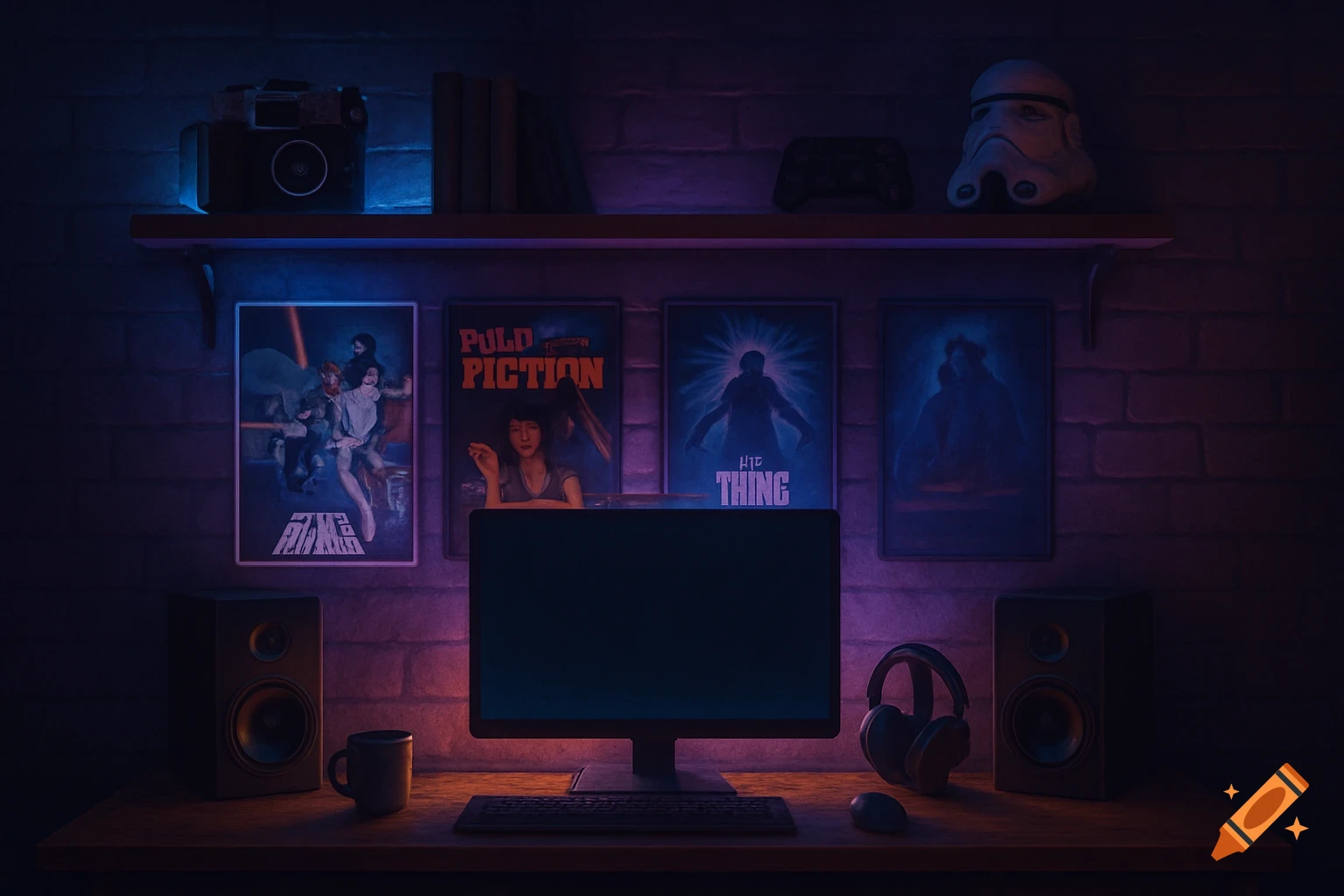 A dimly lit room with a desk setup, featuring a computer monitor, keyboard, mouse, headphones, and speakers. Above, shelves hold a camera, books, a controller, and a Stormtrooper helmet. Film posters for Pulp Fiction and The Thing adorn the brick wall, bathed in blue and purple neon light.