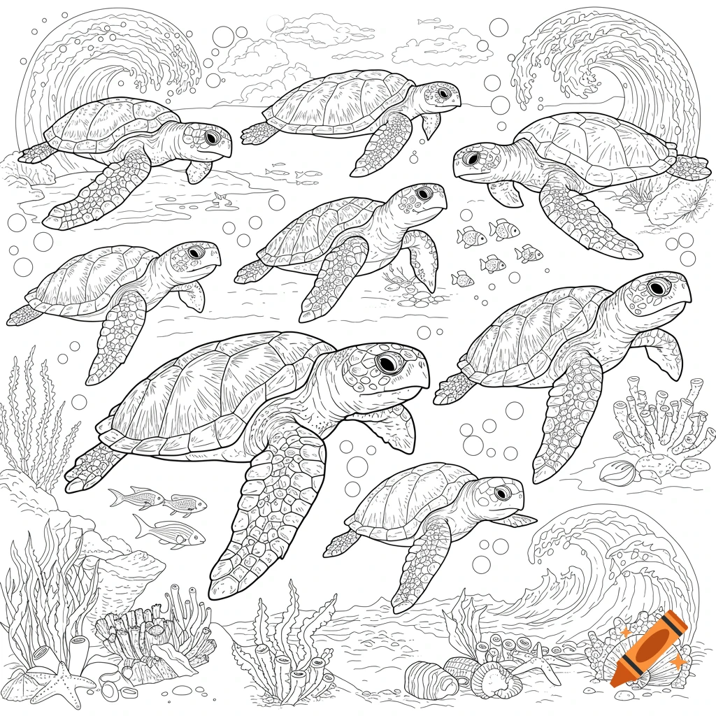Black and white line drawing of multiple sea turtles swimming underwater with fish, coral, and waves, designed as a coloring page.