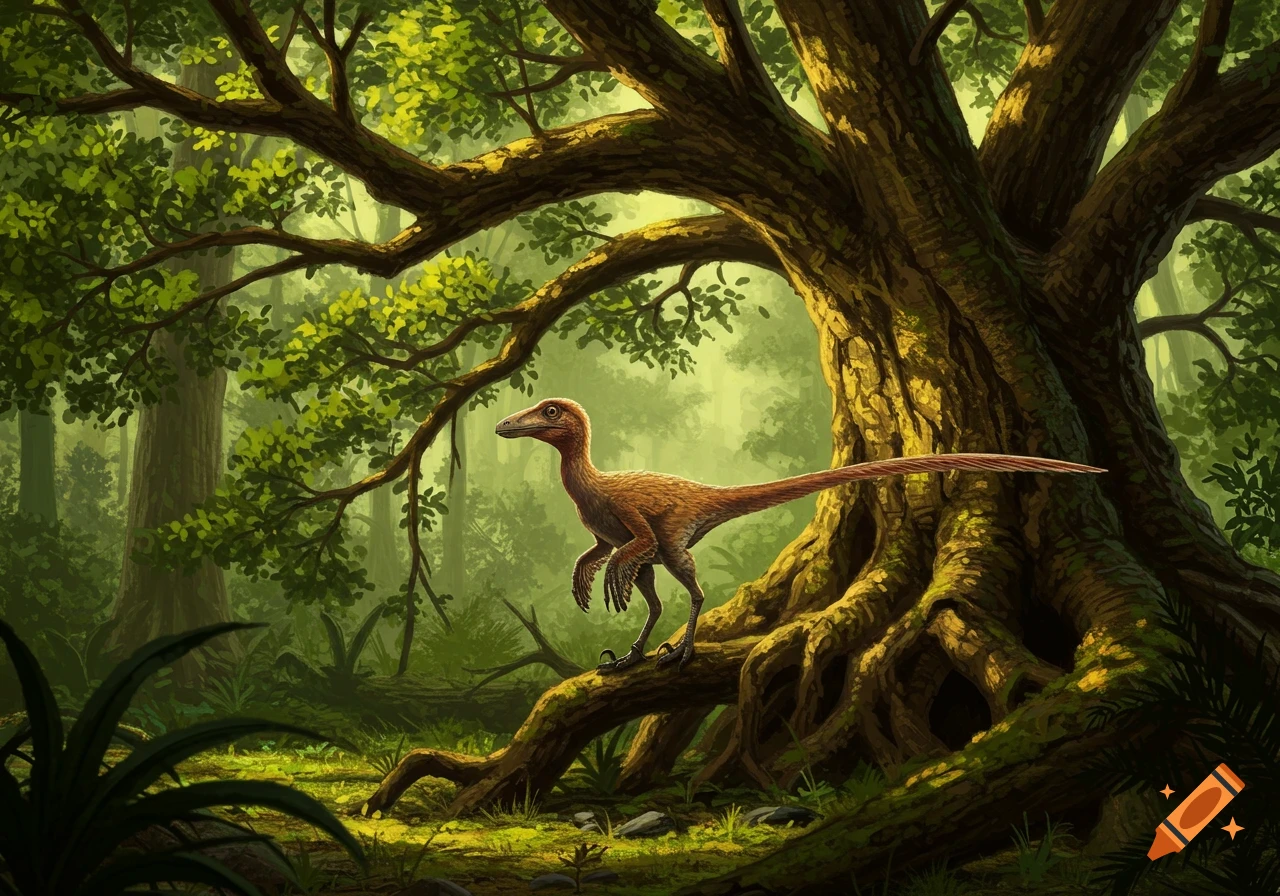 A microraptor stands on a tree root in a lush, green prehistoric forest, bathed in sunlight.