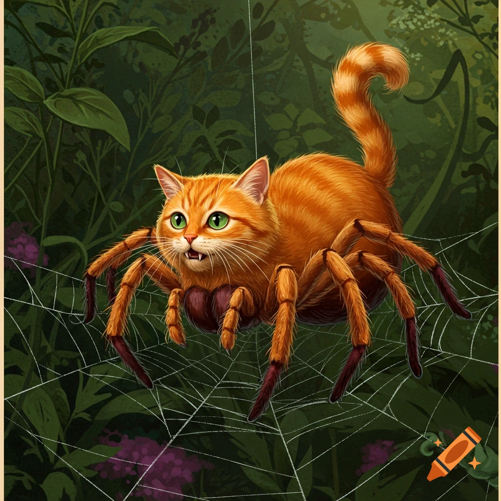 An illustration of a fantastical creature with the head and body of an orange tabby cat and eight furry spider legs, on a spiderweb in a jungle.