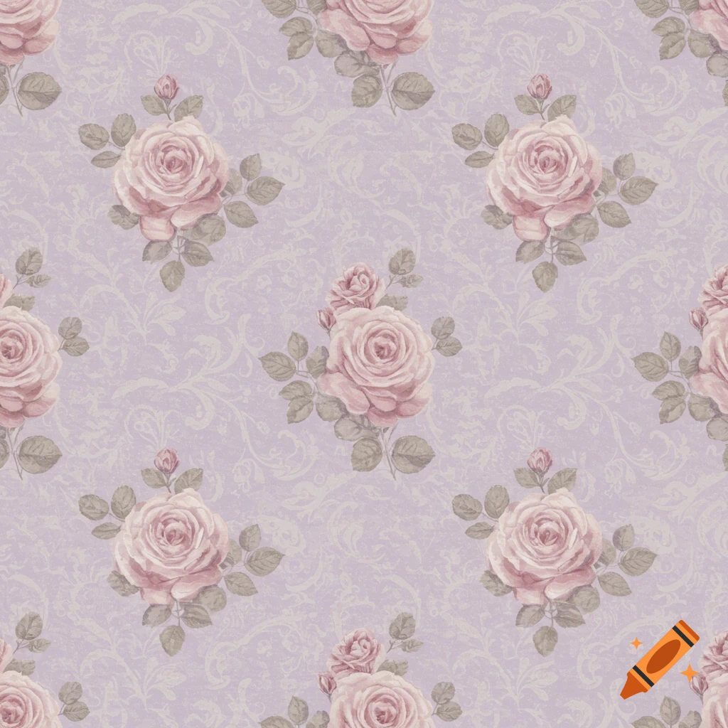 Shabby chic repeating wallpaper with pink watercolor roses, light green leaves, and a lavender background with subtle floral patterns.