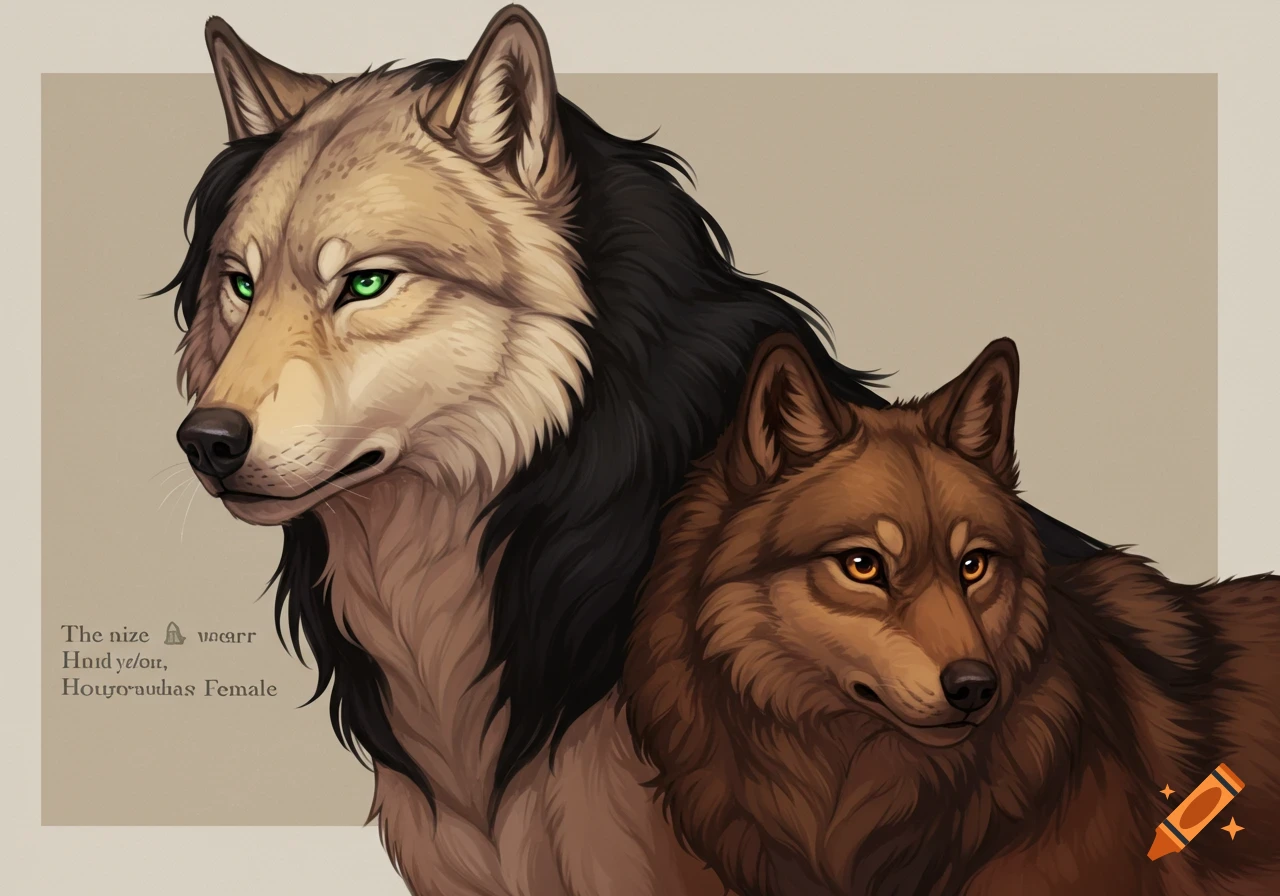 Two stylized wolves, one with pale fur and green eyes, the other with brown fur and orange eyes, stand side-by-side.