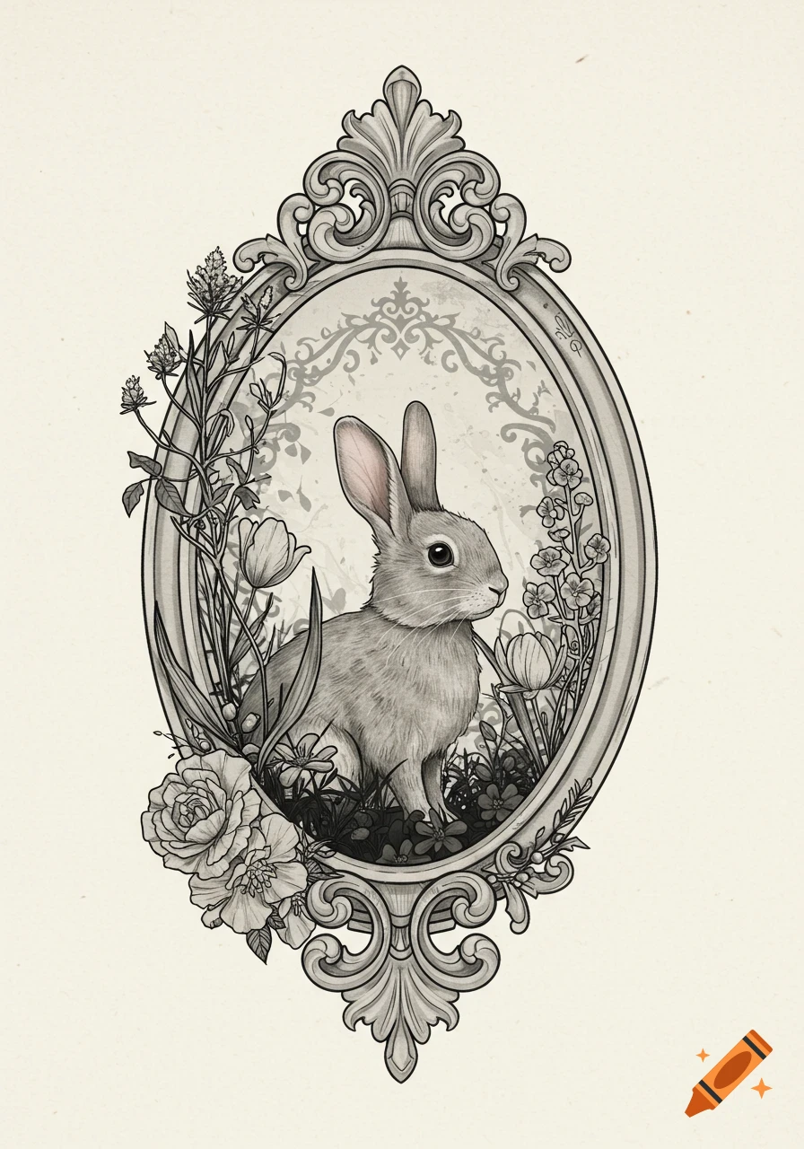 A gray rabbit sits amidst flowers within an ornate oval frame, in an illustrative style.