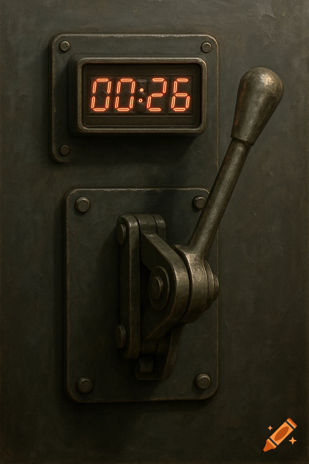 A close-up of a dark, metallic, industrial panel with an orange digital timer showing 00:26 and a heavy lever.
