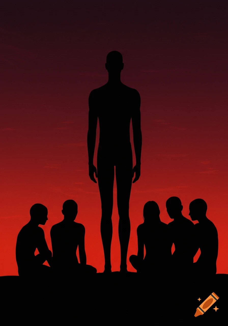 Six black silhouettes of people against a red gradient background, one tall figure stands while five smaller figures sit or crouch in front of them.