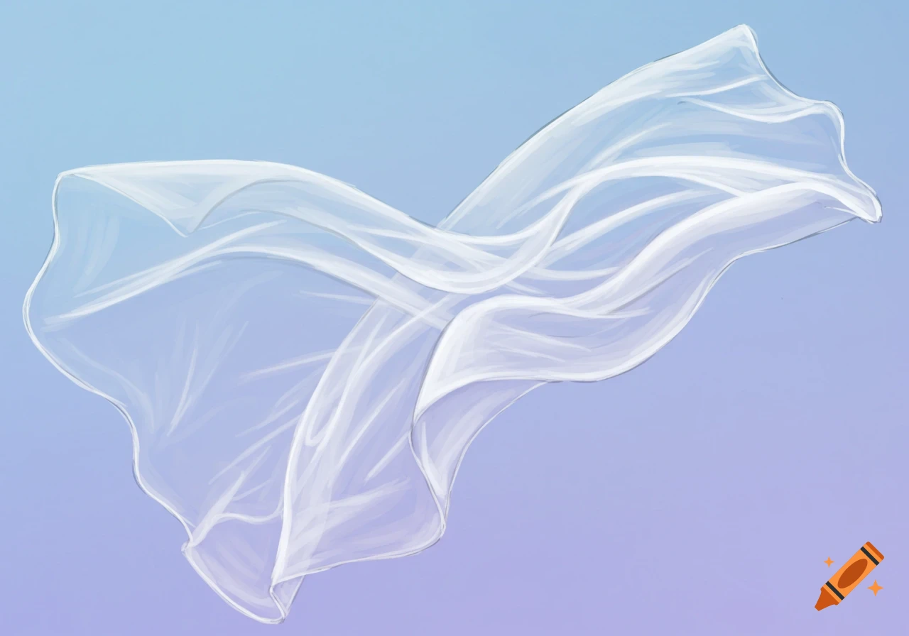 A flowing white translucent veil against a soft blue and purple gradient background, illustrated in a painterly style.
