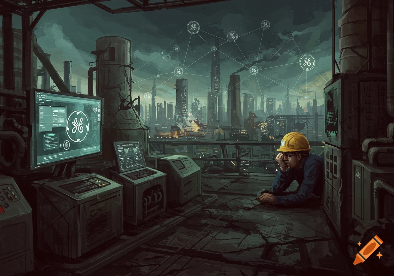A dejected worker in a hard hat sits on an industrial rooftop, looking at computer screens with GE logos and a dystopian cityscape in the background.