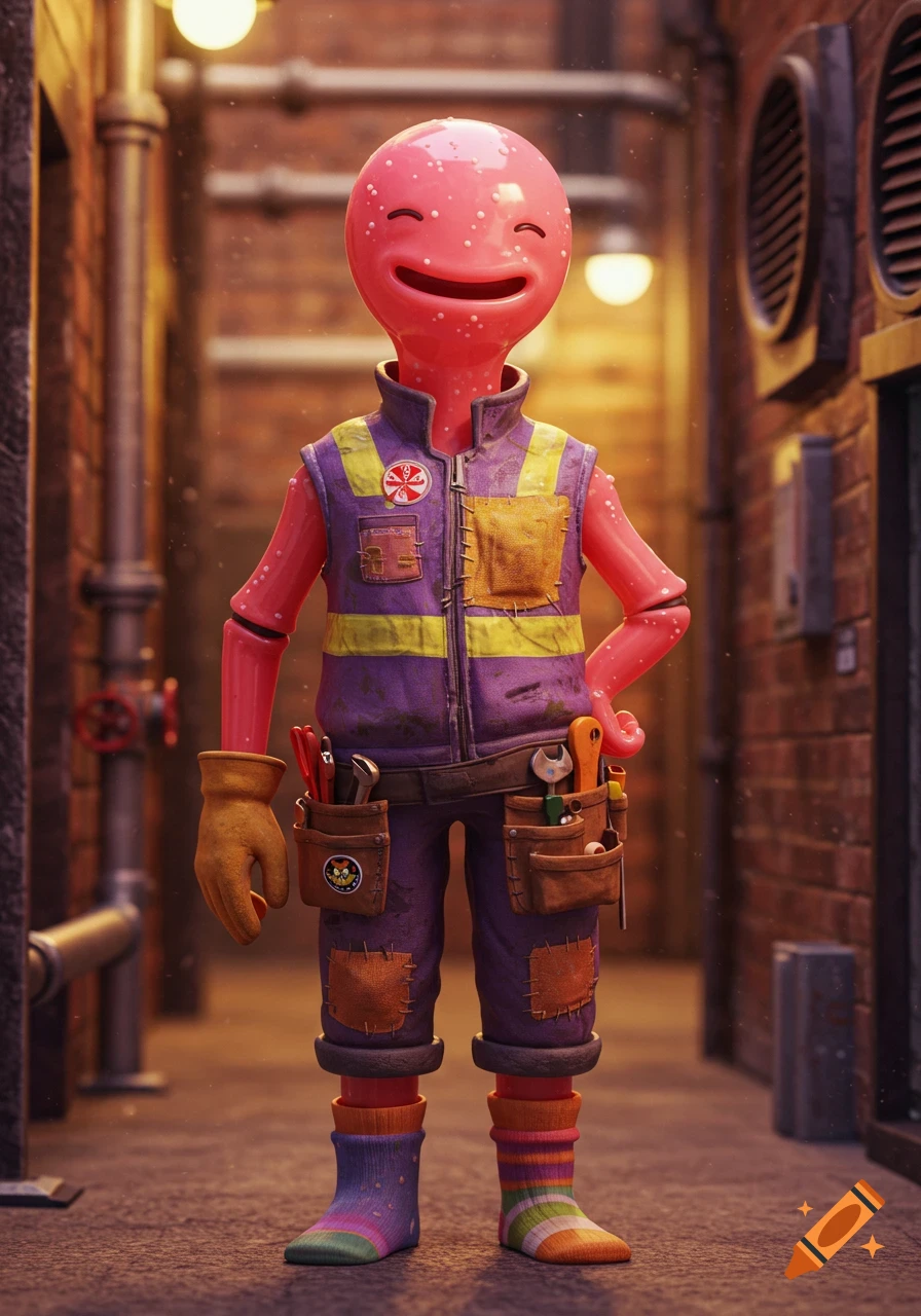 A whimsical, semi-realistic 3D render of a smiling pink humanoid creature in a patched purple work vest and mismatched socks, standing in an industrial alley.