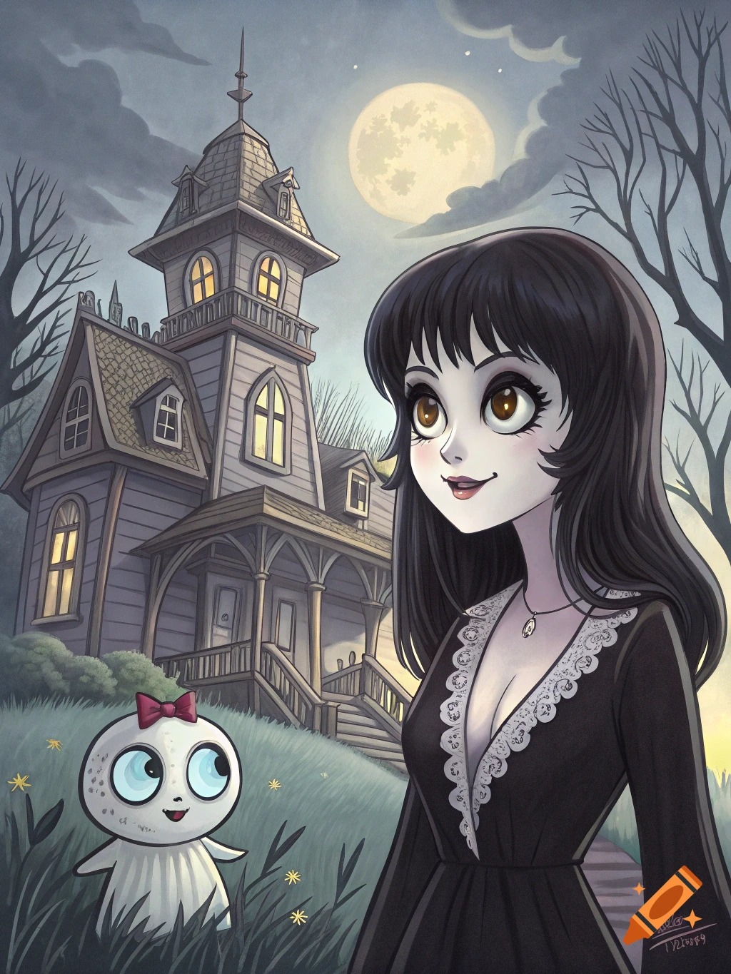 A stylized character with long black hair, pale skin, and a black lace-trimmed dress stands smiling in front of a spooky gothic mansion under a full moon at dusk. A small white ghost with a red bow floats nearby.