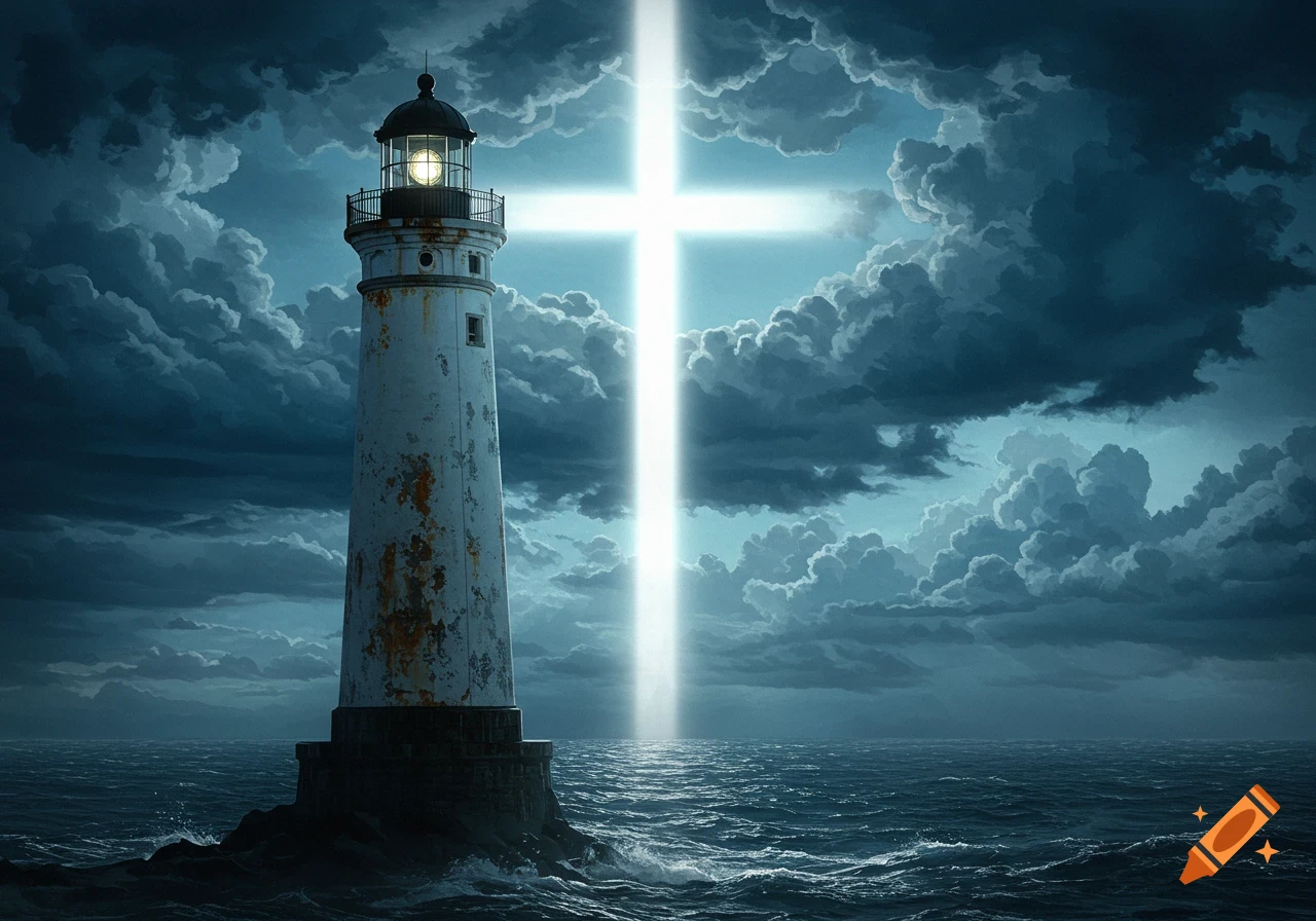 A lighthouse stands in a dark, stormy sea with a bright white light cross shining in the sky behind it.