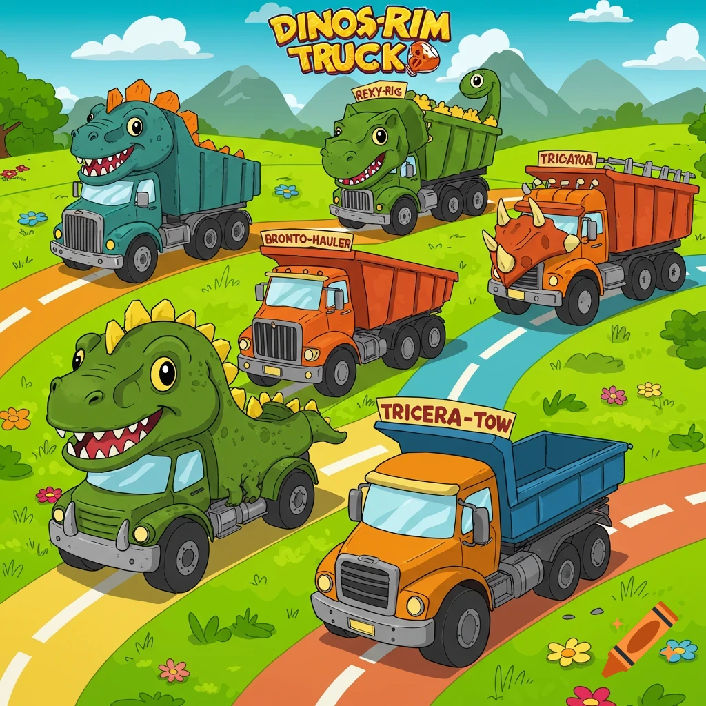 A colorful cartoon illustration depicting several dinosaur-themed dump trucks driving on winding roads through a bright green, grassy landscape with distant mountains.