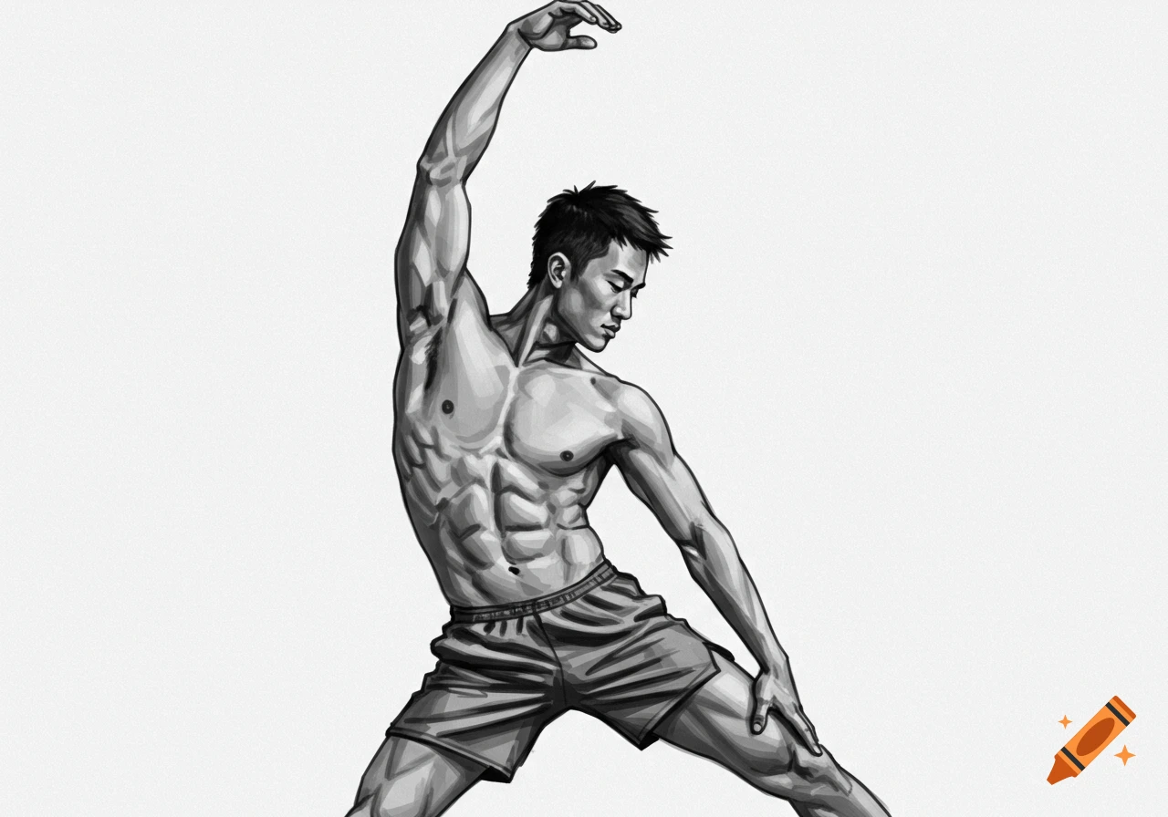 A black and white illustration of a muscular man stretching, bending to the right with his left arm raised overhead.