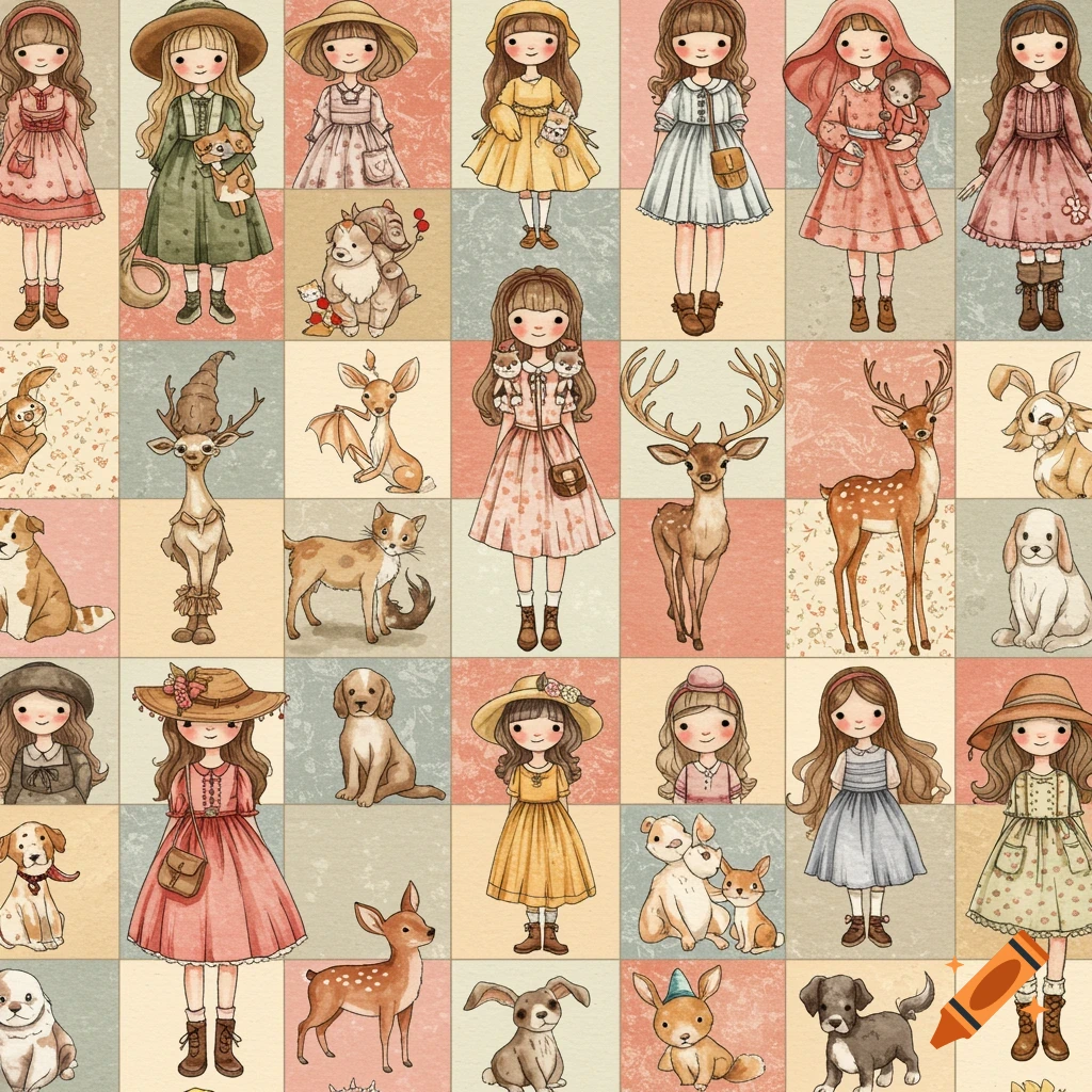 A seamless watercolor pattern featuring a grid of whimsical girl figures and various animals like deer, dogs, cats, and rabbits in a vintage collage style.