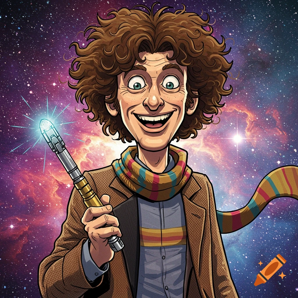 Cartoon illustration of a smiling Doctor Who character with a long scarf and sonic screwdriver against a galaxy background.