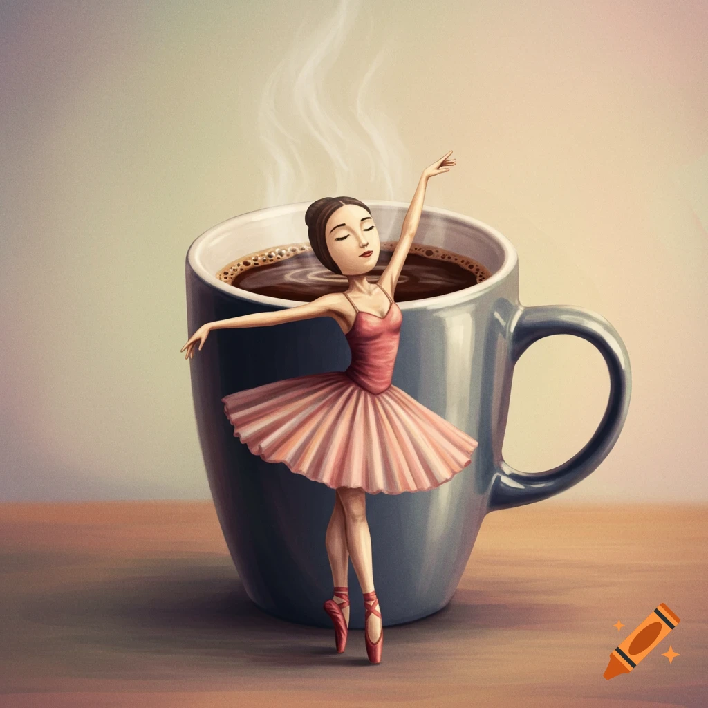 A whimsical illustration of a ballerina in a pink tutu posing gracefully in front of a steaming cup of coffee.