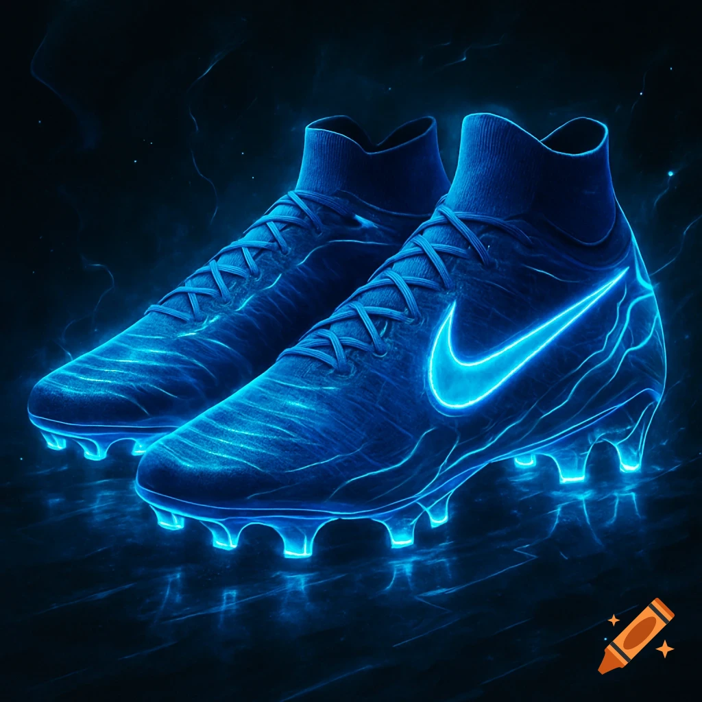 A pair of glowing neon blue Nike football boots with a prominent swoosh logo, set against a dark, futuristic background.