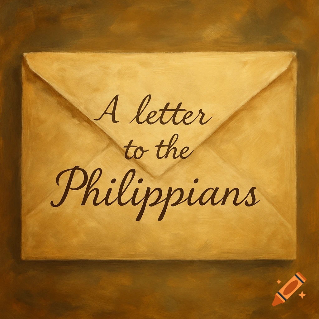 Stylized painting of an old envelope with 'A letter to the Philippians' in brown script.