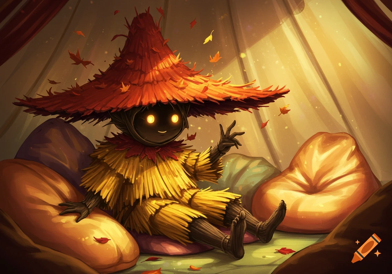 A small, shadowy figure with glowing eyes, wearing a red-orange leaf hat and yellow straw garments, lounges on beanbag chairs inside a tent, with autumn leaves falling around them.