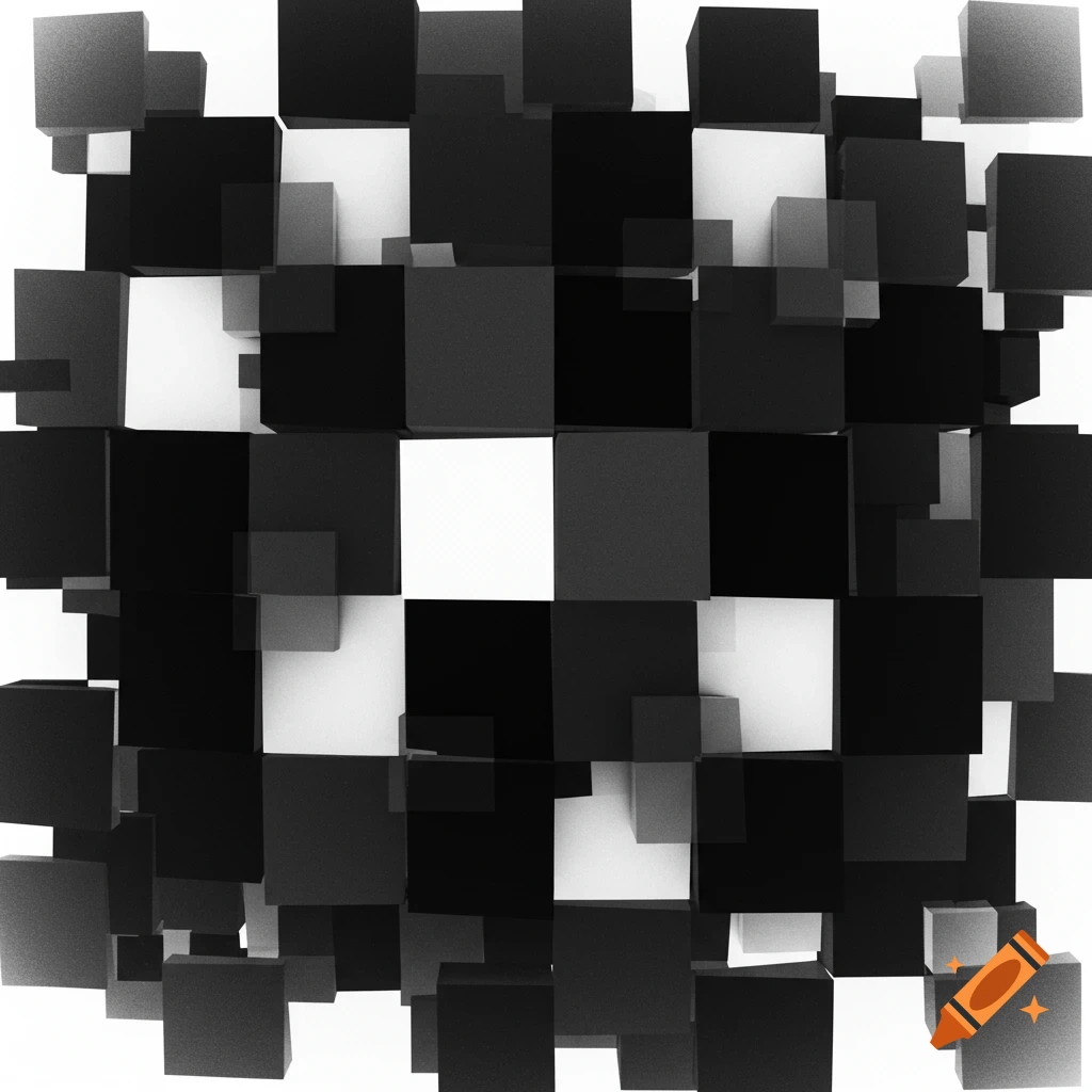 Abstract black and white geometric pattern of cubes and squares.