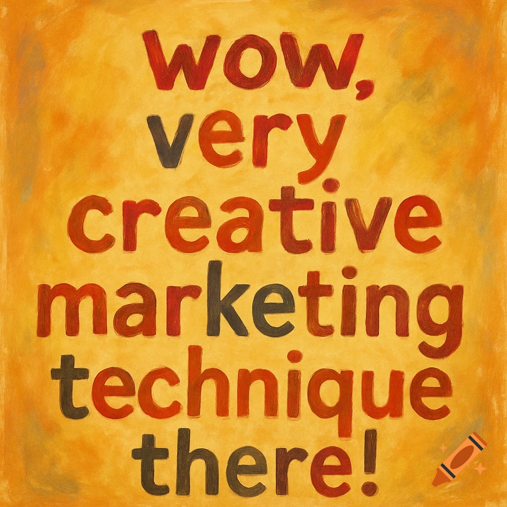 Red and brown text on an orange textured background reads 'wow, very creative marketing technique there!'