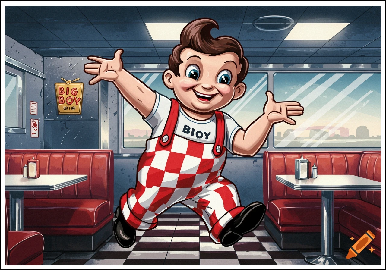 Cartoon mascot Big Boy in red and white checkered overalls smiles and runs inside a retro diner.