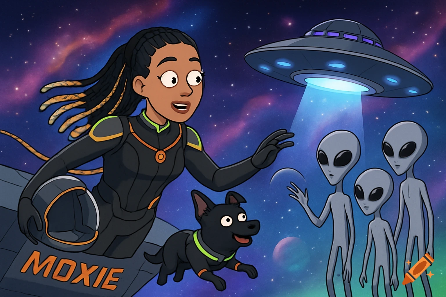 A cartoon woman in a space suit and a dog float in space, looking at three gray aliens and a UFO. The spaceship is labeled 'MOXIE'.