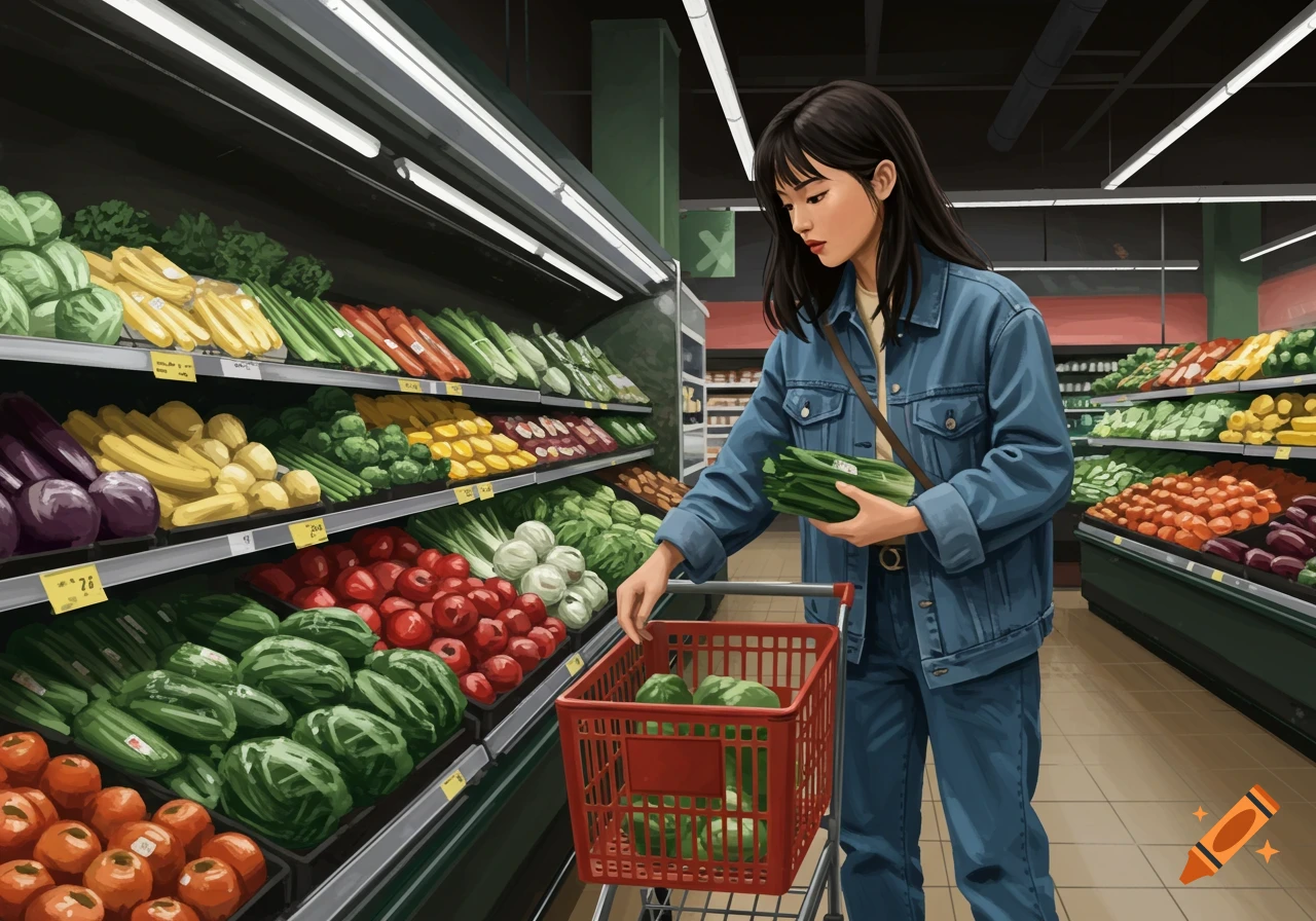 A woman in a denim jacket and jeans puts a bundle of green vegetables into a red shopping cart in a brightly lit grocery store produce aisle.
