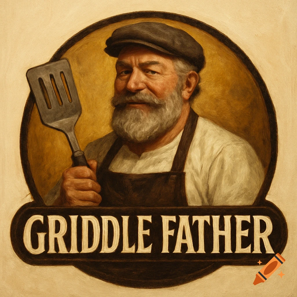 A vintage-style portrait logo of a bearded man in a cap and apron holding a spatula, with 'GRIDDLE FATHER' text below.