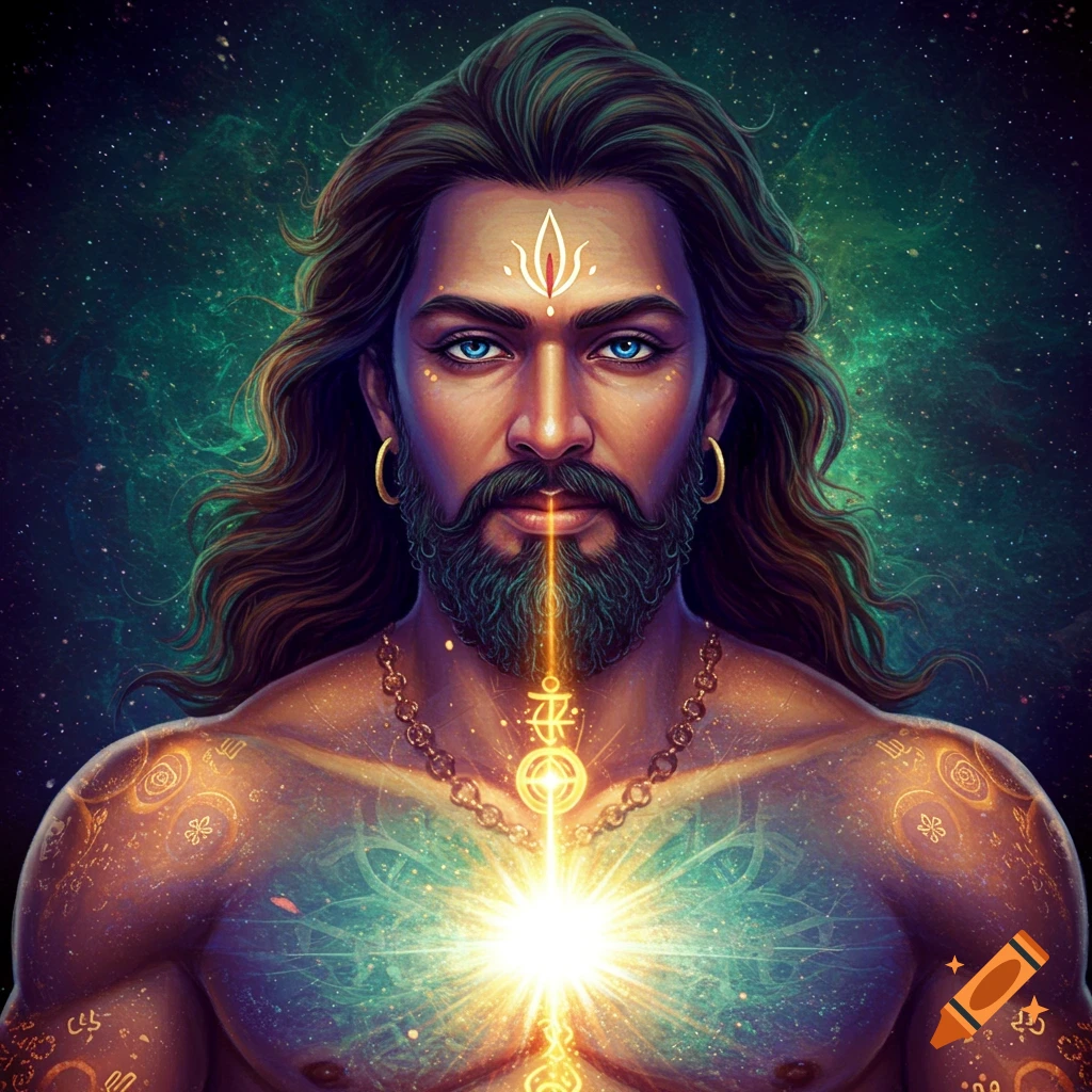 A vibrant digital art portrait of a bearded man with long hair, blue eyes, and golden energy flowing from his mouth to a glowing chest, set against a cosmic background.