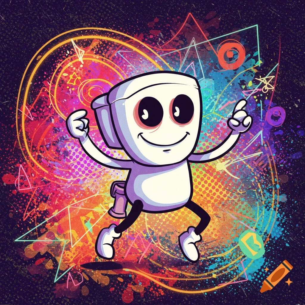 A cartoon toilet character with big eyes and a smile dances against a vibrant, colorful, abstract background with neon lines and paint splatters.